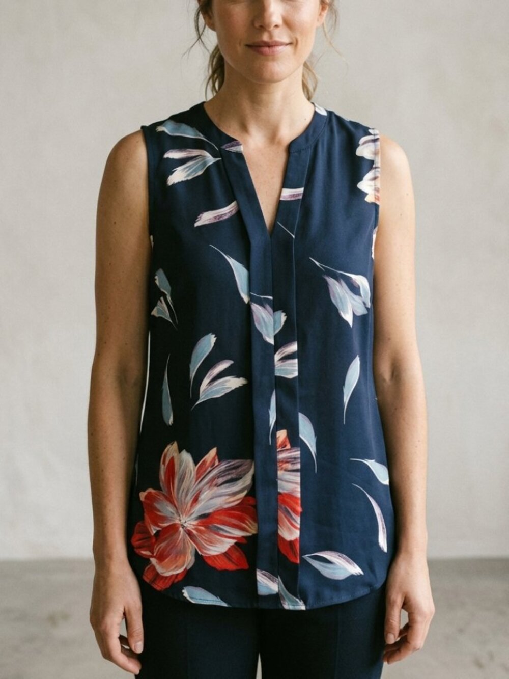 Cleo Navy and Red Floral Sleeveless Blouse